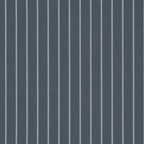 Navy-blue wallpaper with evenly spaced thin white vertical pinstripes covering a flat surface; it hangs statically, shown as a close-up with uniform, neutral lighting and no surrounding context.