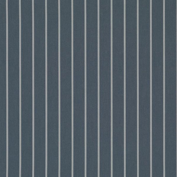 Navy-blue wallpaper with evenly spaced thin white vertical pinstripes covering a flat surface; it hangs statically, shown as a close-up with uniform, neutral lighting and no surrounding context.