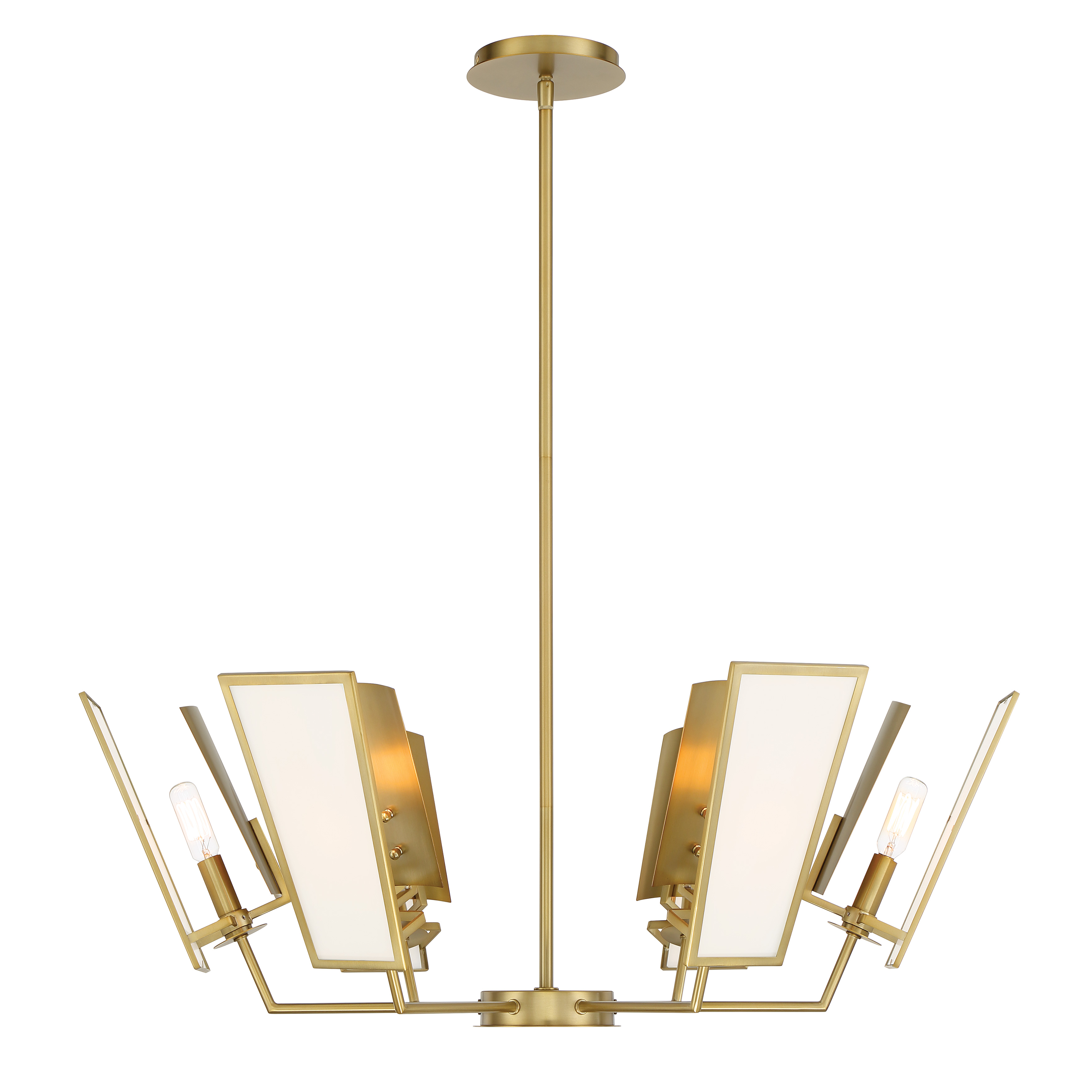The Ricochet chandelier combines contemporary design with timeless brass warmth. Its 32-inch linear profile and white silk glass shades create sophisticated ambient lighting perfect for modern dining spaces and kitchen islands. - alternate view