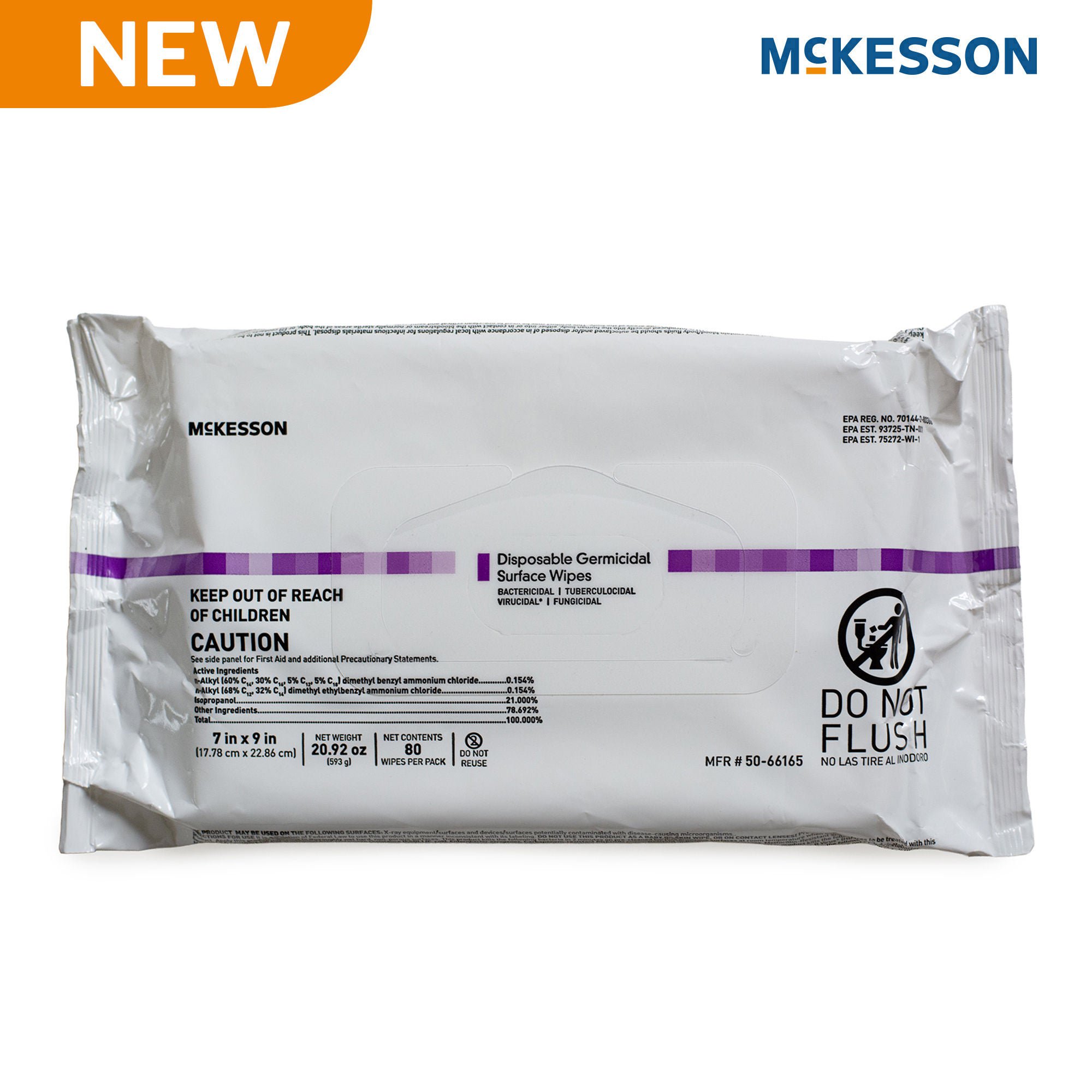 McKesson Premoistened Germicidal Wipe Surface Disinfectant Cleaner, 7 x 9 Inch