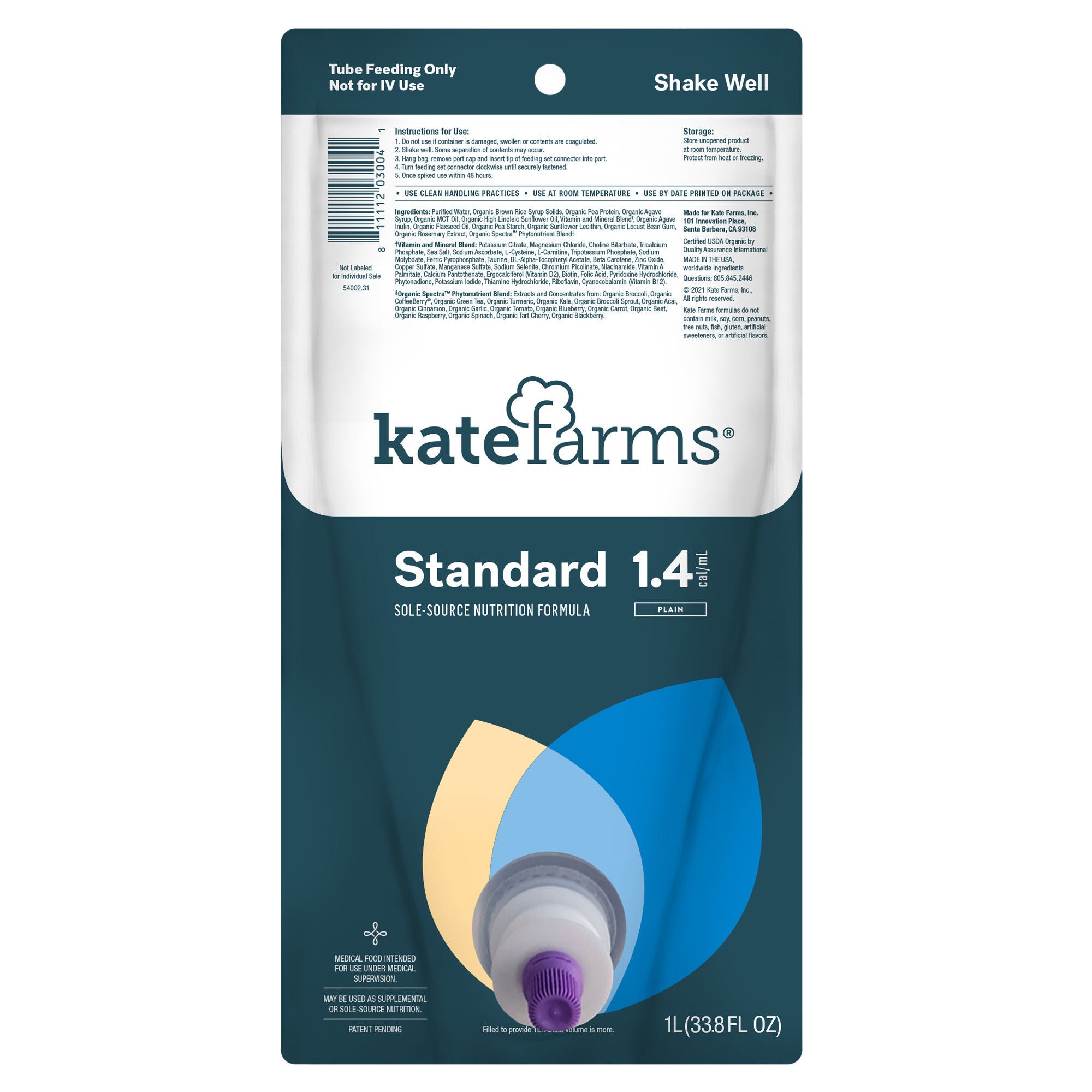 Kate Farms® Standard 1.4 Sole-Source Nutrition Formula, 1,000 mL Bag