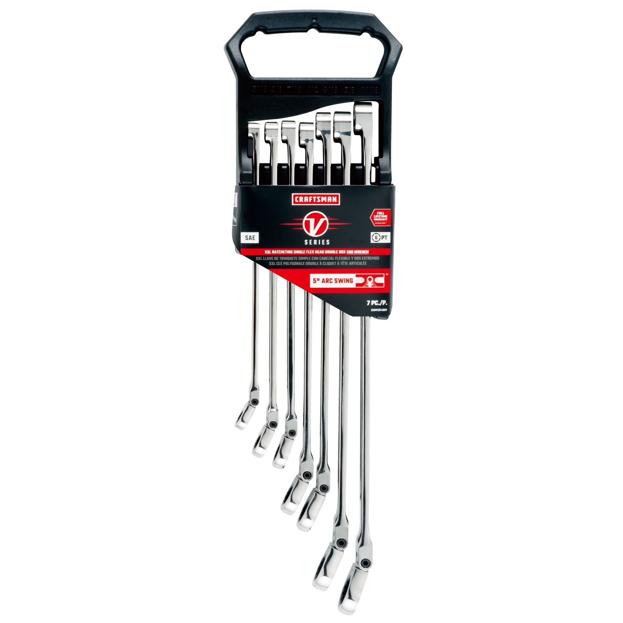 V series XXL S A E ratcheting single flex head double box end wrench set (7 piece) in packaging.