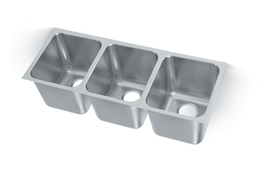 12-inch triple-bowl heavy-weight stainless steel undermount welded-in sink with 12-inch-deep bowls and 3 ½-inch drains