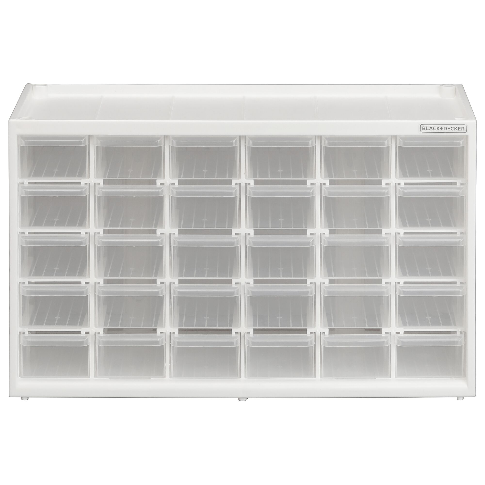 Front facing view of Black and decker Small 30 Drawer Bin System with clear drawers