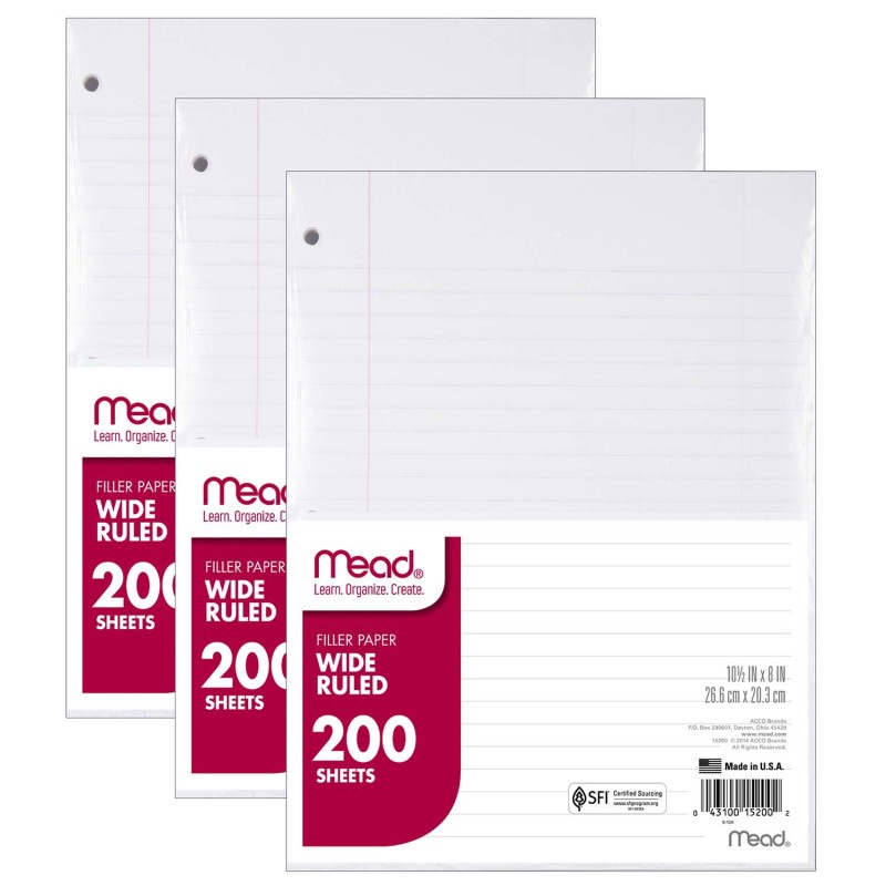 Notebook+Filler+Paper%2C+Wide+Ruled%2C+200+Sheets+Per+Pack%2C+3+Packs