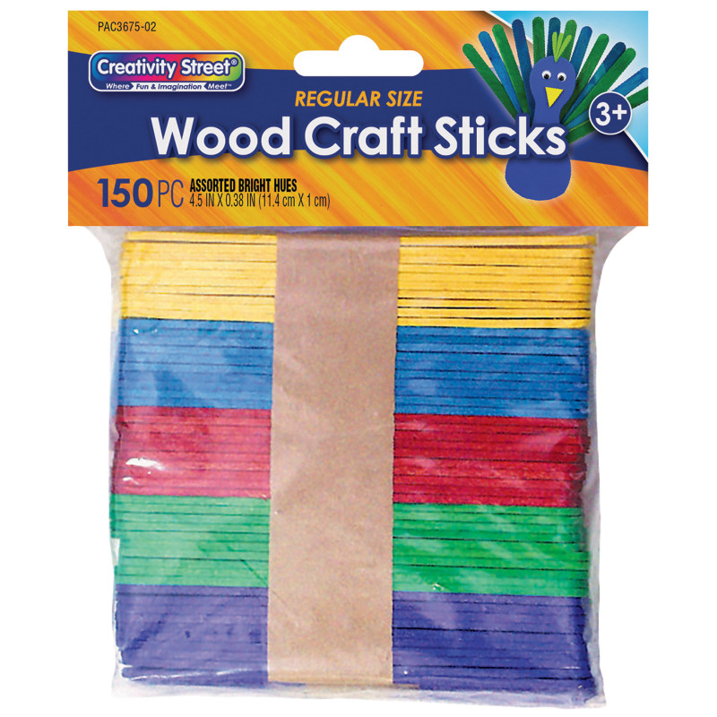 Regular Craft Sticks, Bright Hues Assorted, 4 1/2" x 3/8" x 2mm, 150 Pieces