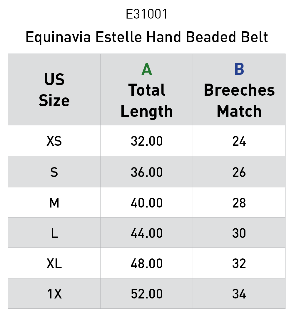 Size chart for Equinavia Estelle Hand Beaded Belt - Black/Circles