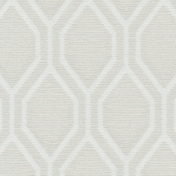 Upholstery fabric shows interlocking rounded-hexagon trellis pattern in soft white over beige, horizontal ribbed texture, close-up view.