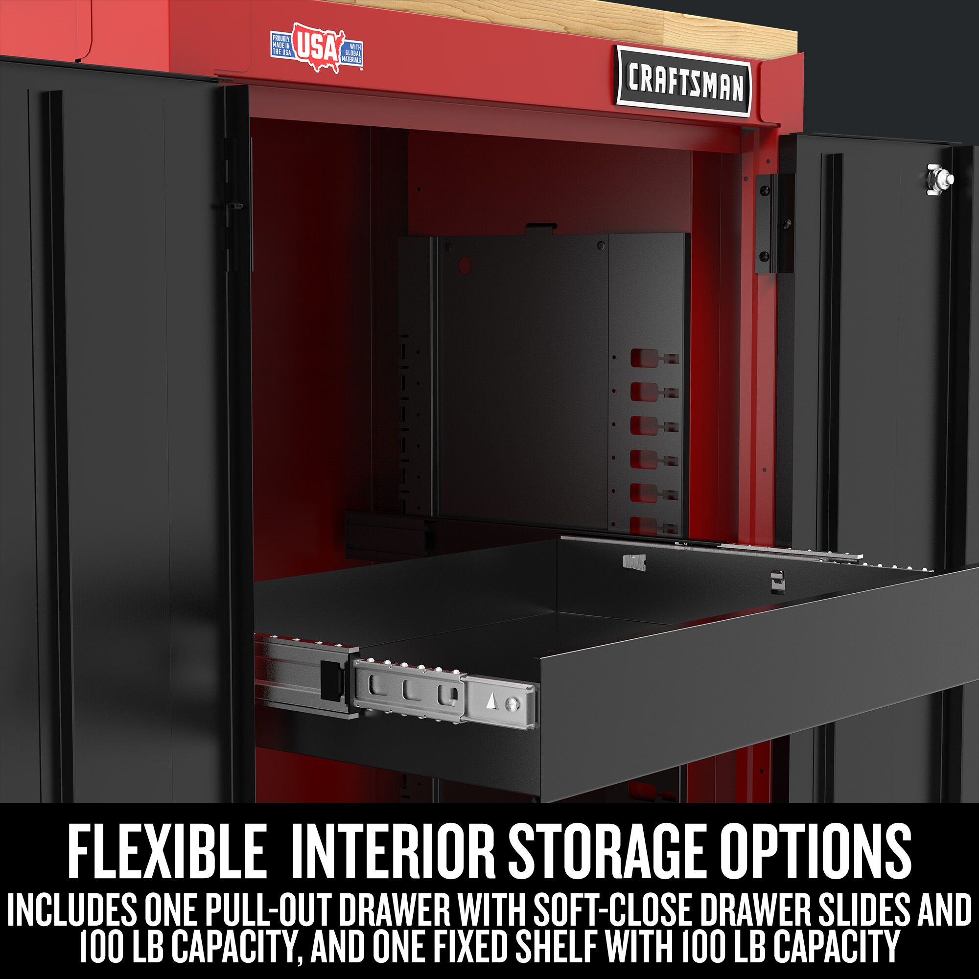 Graphic of CRAFTSMAN Storage: Cabinets & Chests Stationary highlighting product features