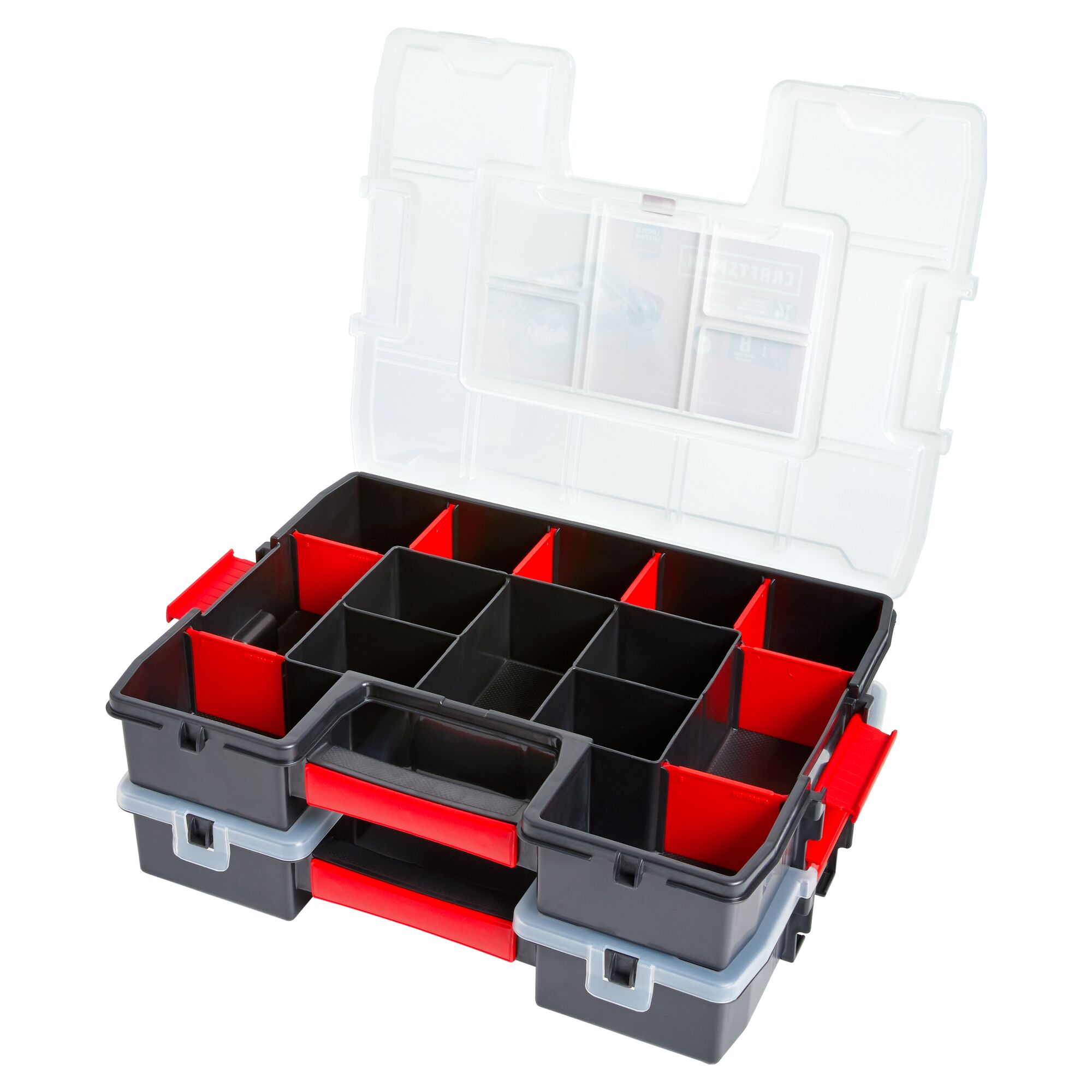 Profile of 2 Pack 14 Compartment Plastic Small Parts Organizers with lid open.