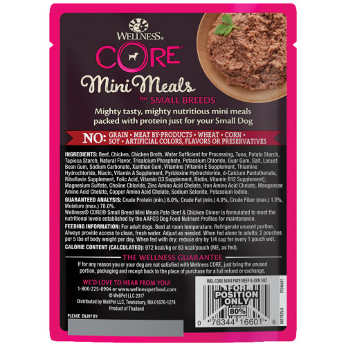 Wellness CORE Mini Meals Beef & Chicken back packaging