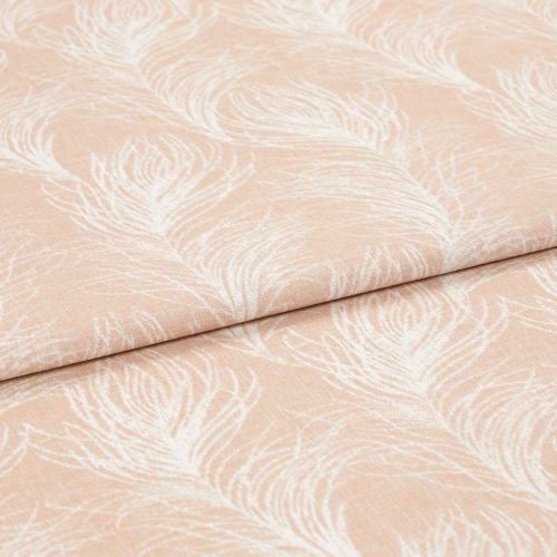 Folded peach-pink curtain fabric with white featherlike pattern, folded once across the frame, displaying woven texture; close-up studio view emphasizing soft, muted tones and subtle pile.