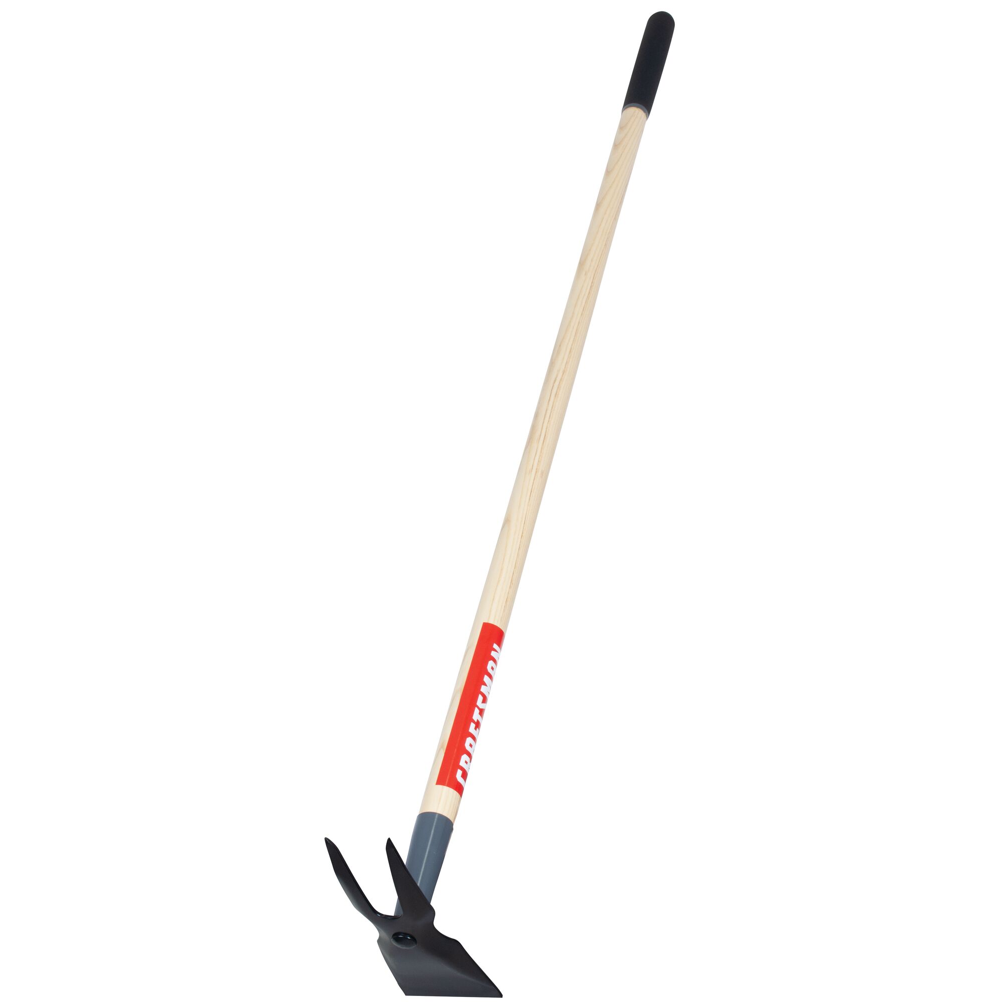 Right profile of wood handle planting hoe.