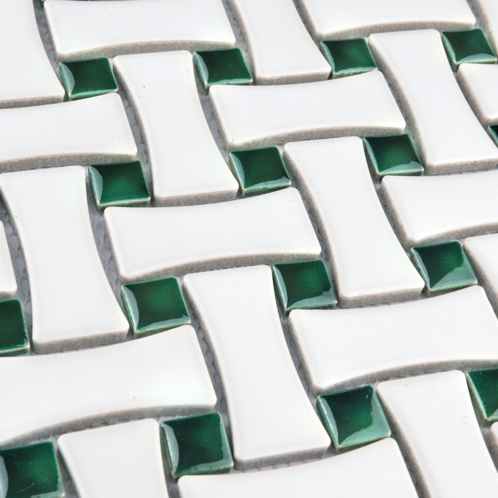 Metro Ion Dog Bone Basketweave Emerald Dot w/Matte White 10 in. x 10 in. Porcelain Mosaic Tile