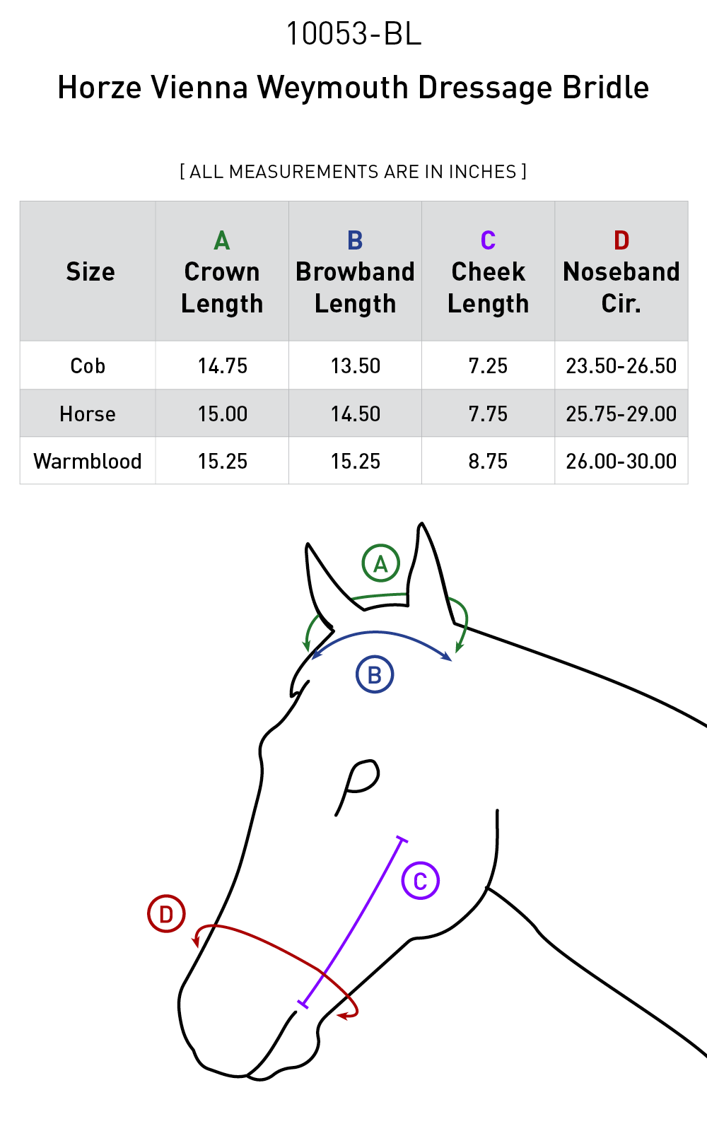 Size chart for Horze Vienna Weymouth Dressage Bridle - Black