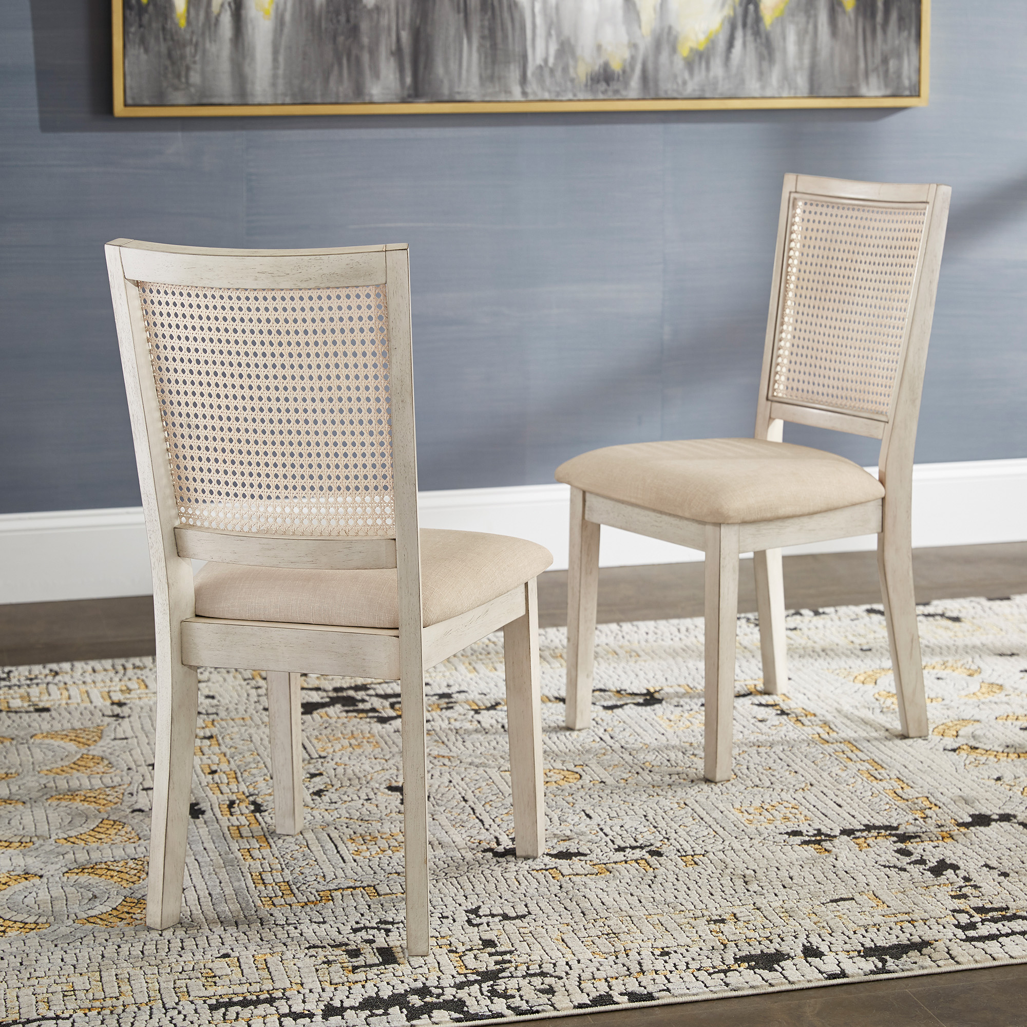 Beige Linen Rattan Back Dining Chairs (Set of 2)