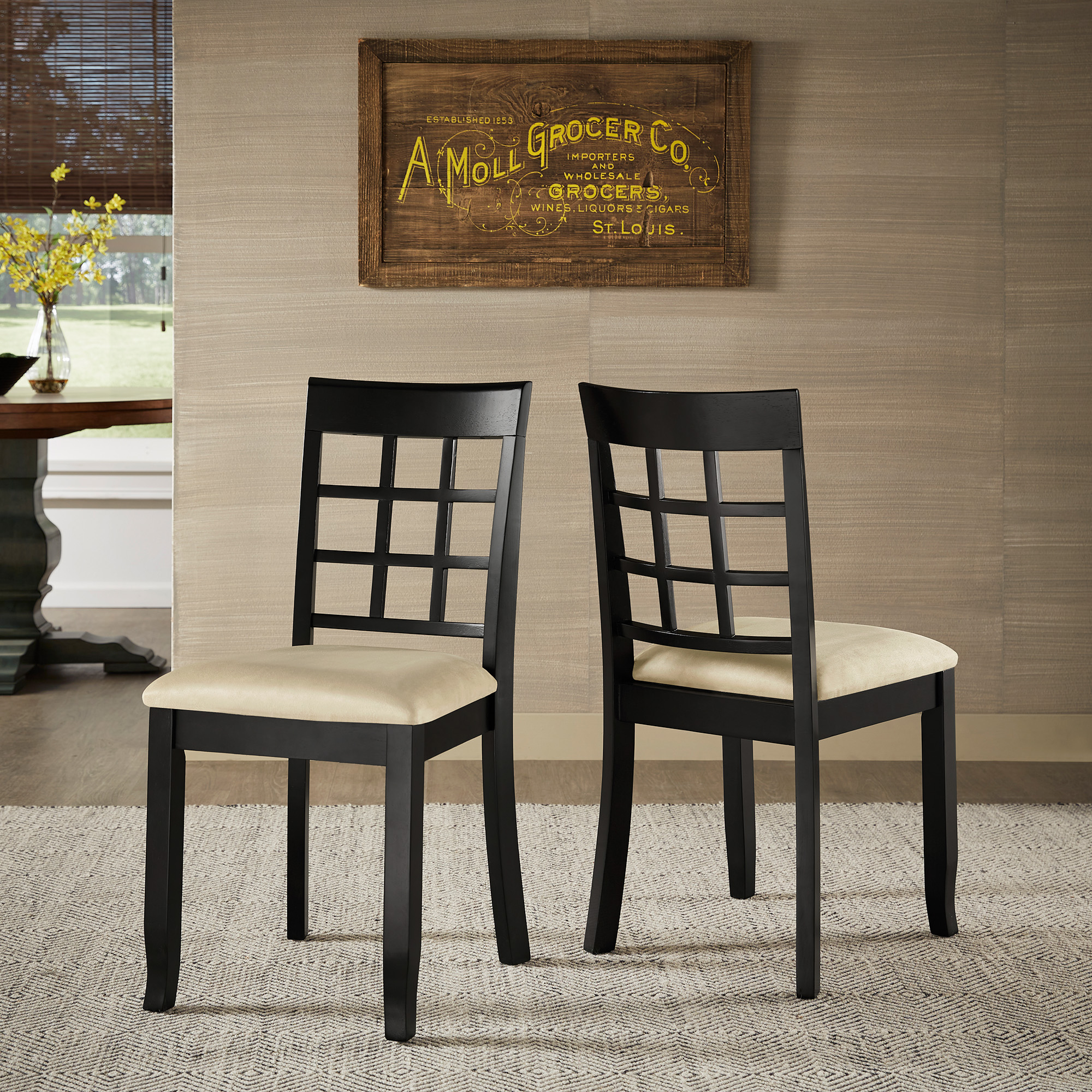 Black Wood Beige Microfiber Dining Chairs (Set of 2)