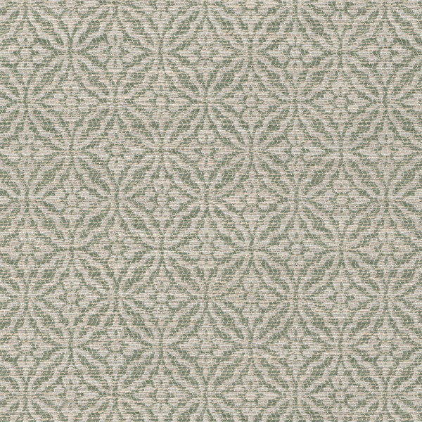 A repeating circular floral motif forms interlocking star-like patterns across textured beige fabric; subtle green woven threads give a vintage, wallpaper-like surface.