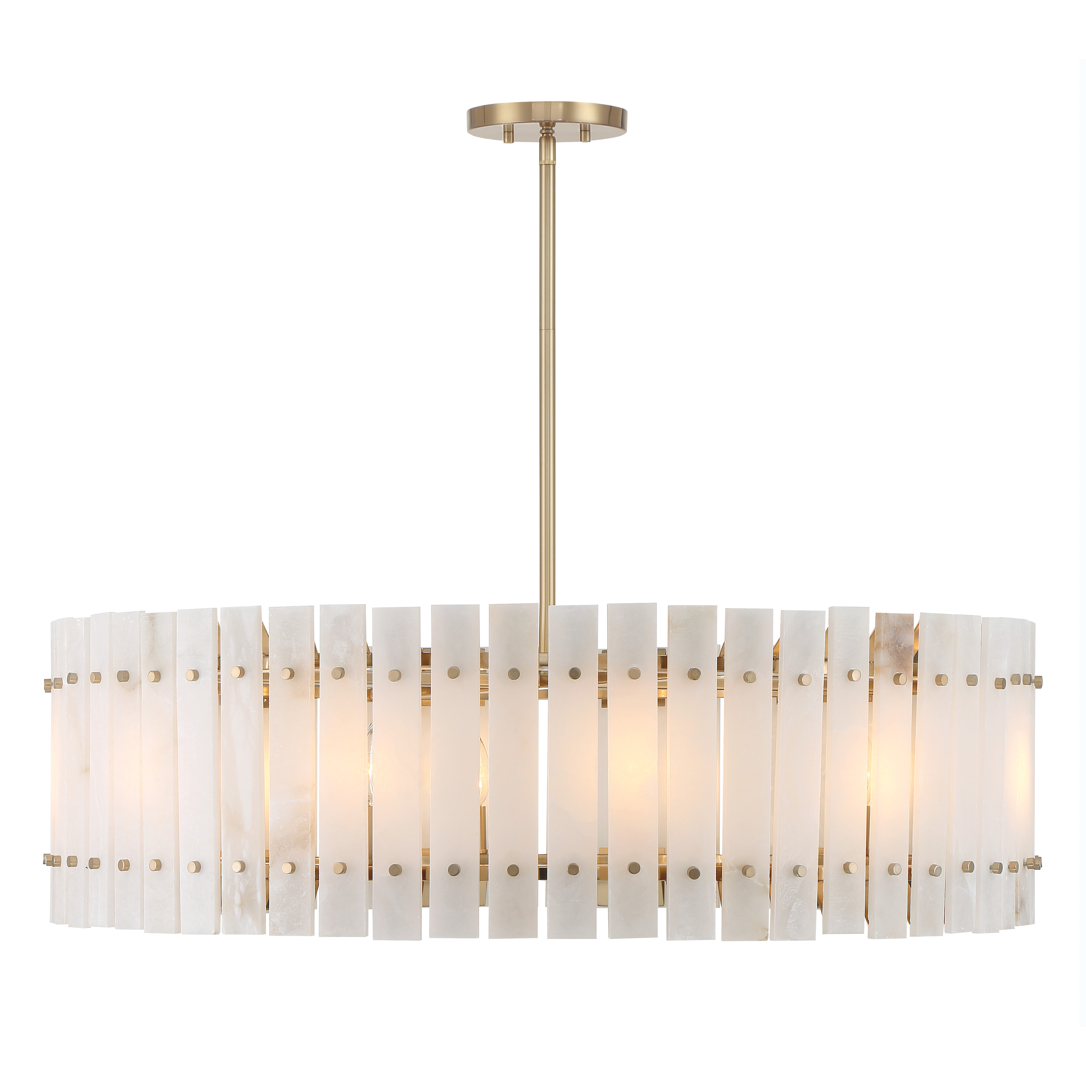 The Bardon 12-Light Pendant combines modern elegance with timeless materials. Its 36-inch linear design features luxurious alabaster panels set in Celeste Brass, creating a warm, diffused glow perfect for dining spaces and kitchen islands. - alternate view