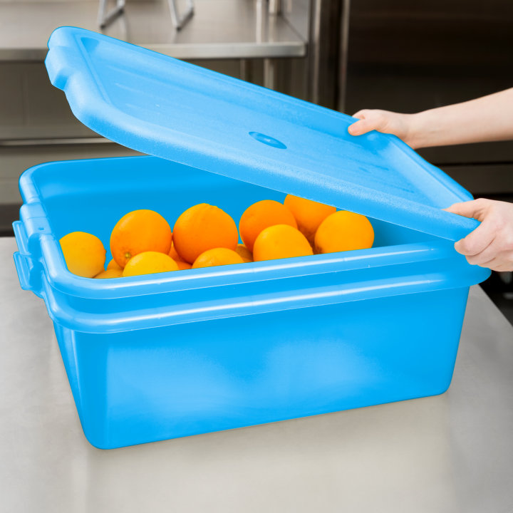 7-inch deep Traex® Color-Mate blue food storage drain box set with recessed lid