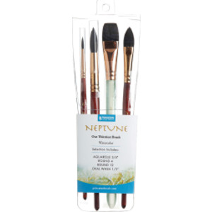 Neptune Watercolor Brush Set, Synthetic Bristles, Short Handle Watercolor Paintbrush, Dark Wood, 4 Pieces