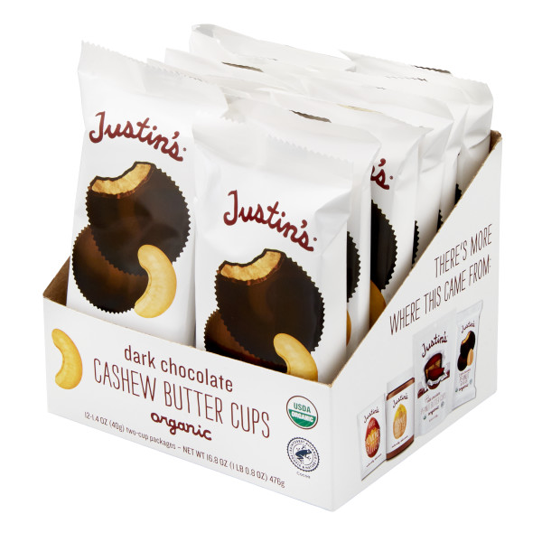 JUSTIN'S (r) Dark Chocolate Cashew Butter Cup Stand Up Caddy . C1RP - Front Right Pallet/Display (Hi Res)