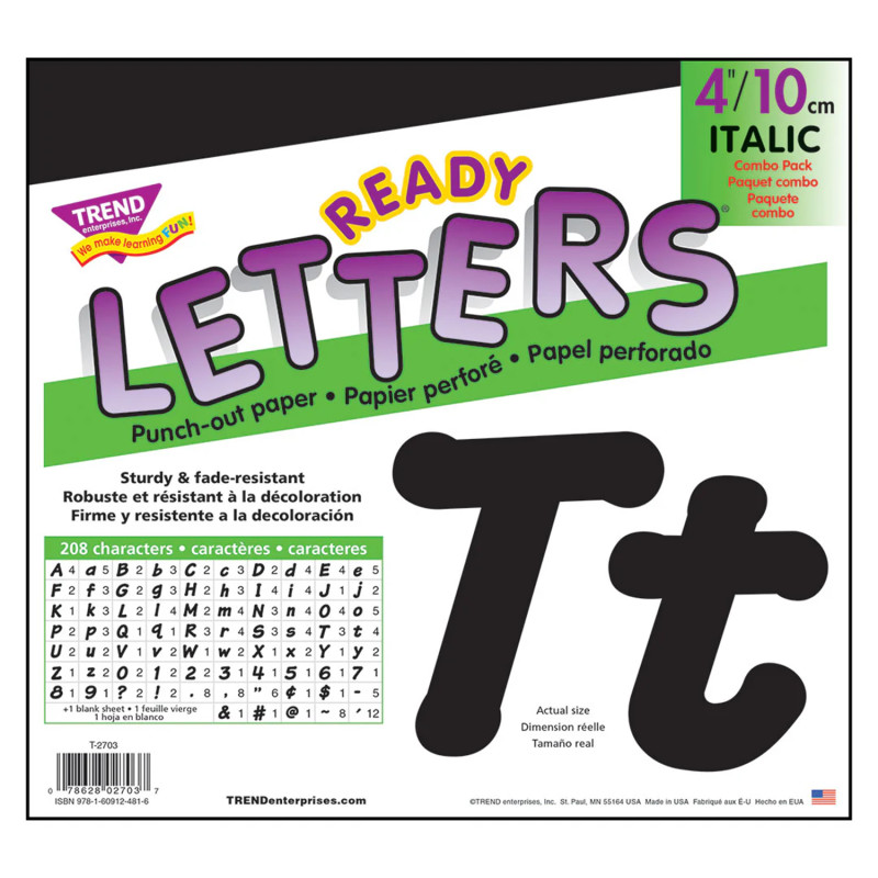 Black 4-Inch Italic Uppercase/Lowercase Combo Pack (EN/SP) Ready Letters®