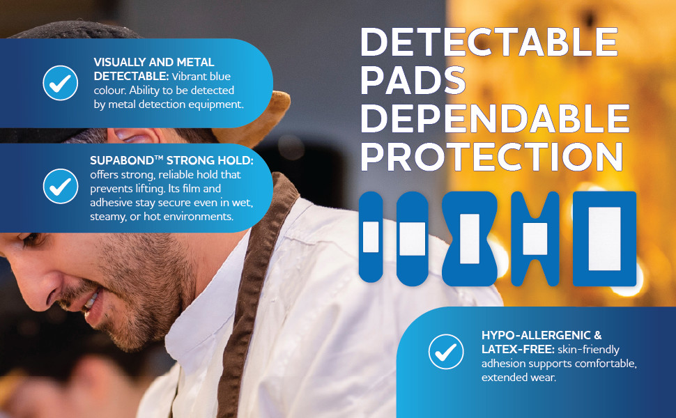 Detectable Pads
Dependable Protection
Visually and Metal Detectable: vibrant blue colour. Ability to be detected by metal detection equipment.
SupaBond™ strong hold: offers strong, reliable hold that prevents lifting. Its film and adhesive stay secure even in wet, steamy, or hot environments.
Hypo‑allergenic & latex‑free: skin‑friendly adhesion supports comfortable, extended wear.
