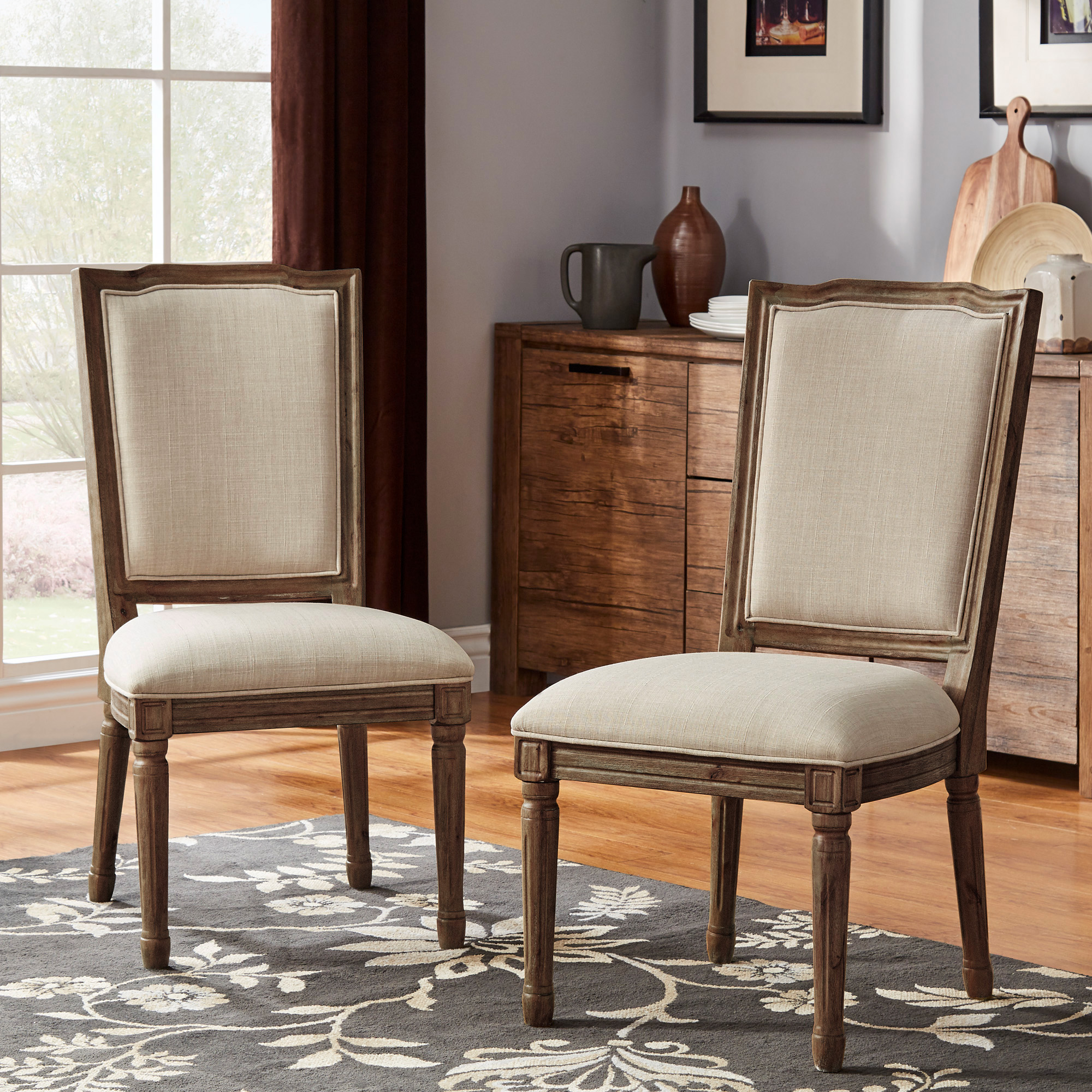 Ornate Linen and Wood Dining Chairs (Set of 2)
