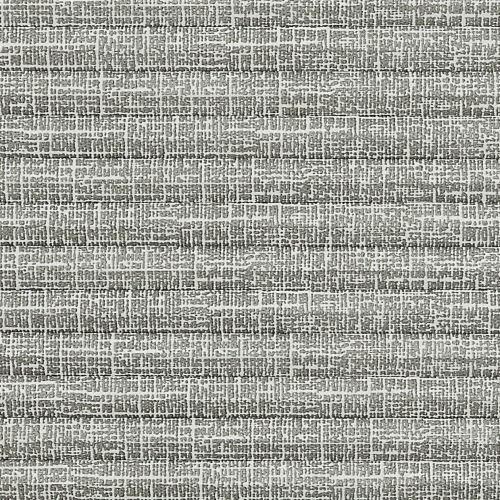 Grey woven-texture wallpaper with dense crosshatch pattern and faint horizontal seams covering a flat wall surface; evenly lit close-up showing a neutral interior decorative surface.