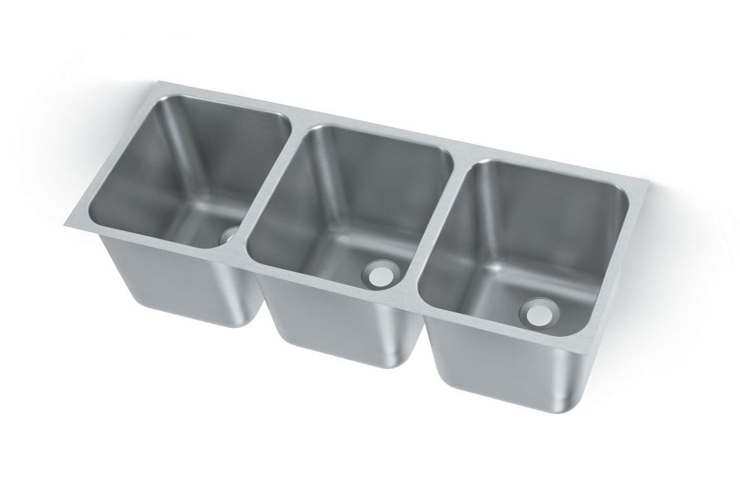 12-inch triple-bowl heavy-weight stainless steel undermount welded-in sink with 12-inch-deep bowls and 2-inch drains