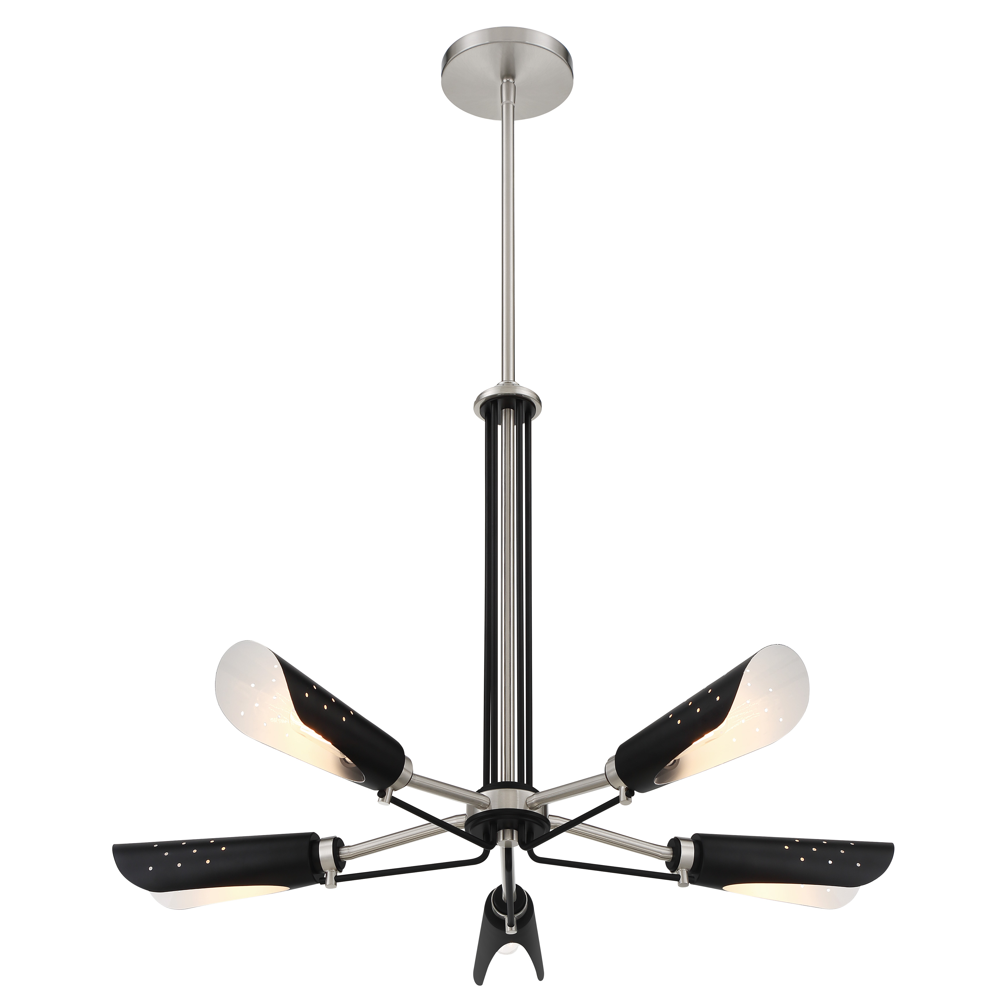 The Turbine chandelier brings industrial sophistication to modern spaces with its unique geometric design. Five candelabra lights housed in steel shades create dramatic visual interest while the brushed nickel and coal finish adds depth. - alternate view