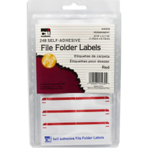 File Folder Labels, Self-Adhesive, 0.56" x 3.43", Red, Box of 248