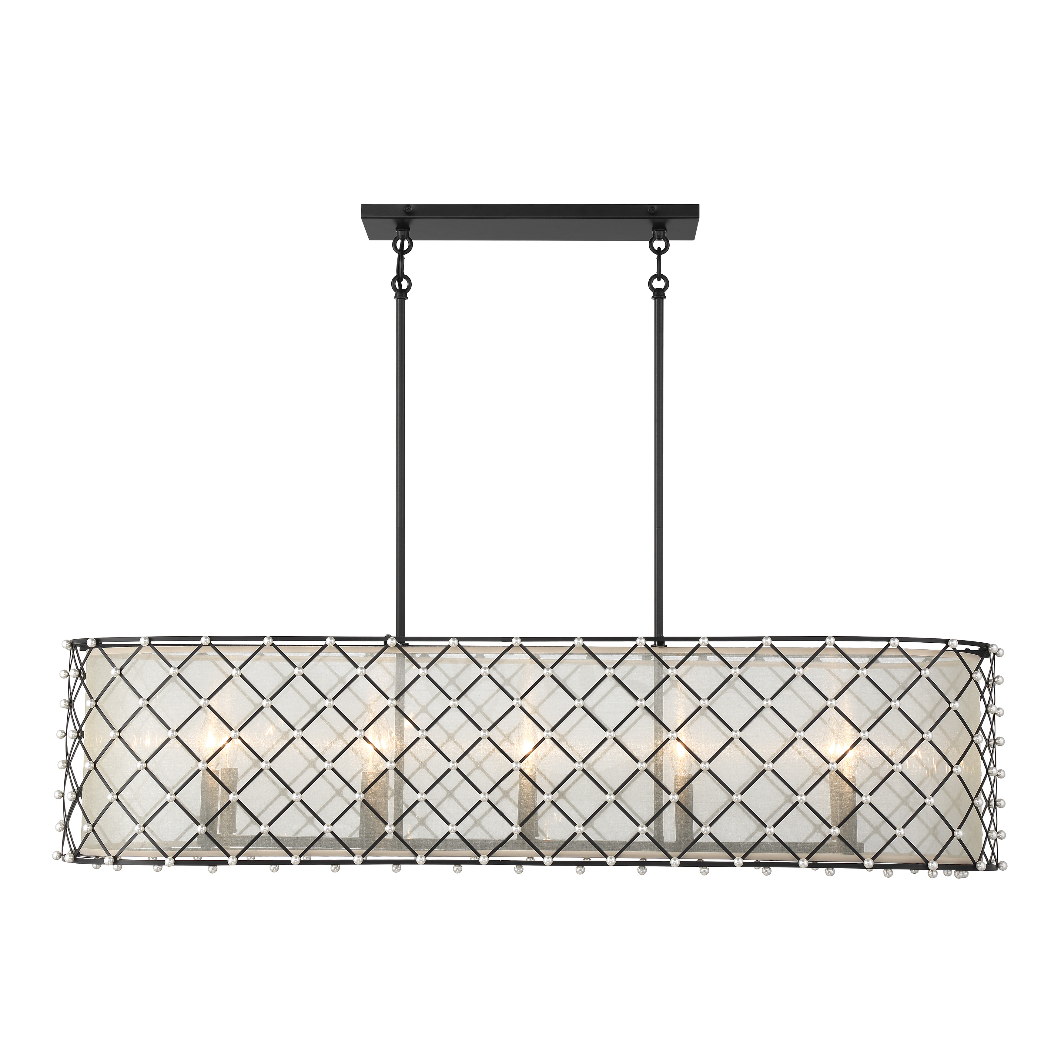 The Sheer Elegance brings contemporary glamour to kitchen islands and dining spaces with its striking 48-inch linear design. Ten candelabra lights behind a gold organza shade create warm, diffused illumination with dramatic visual impact. - alternate view
