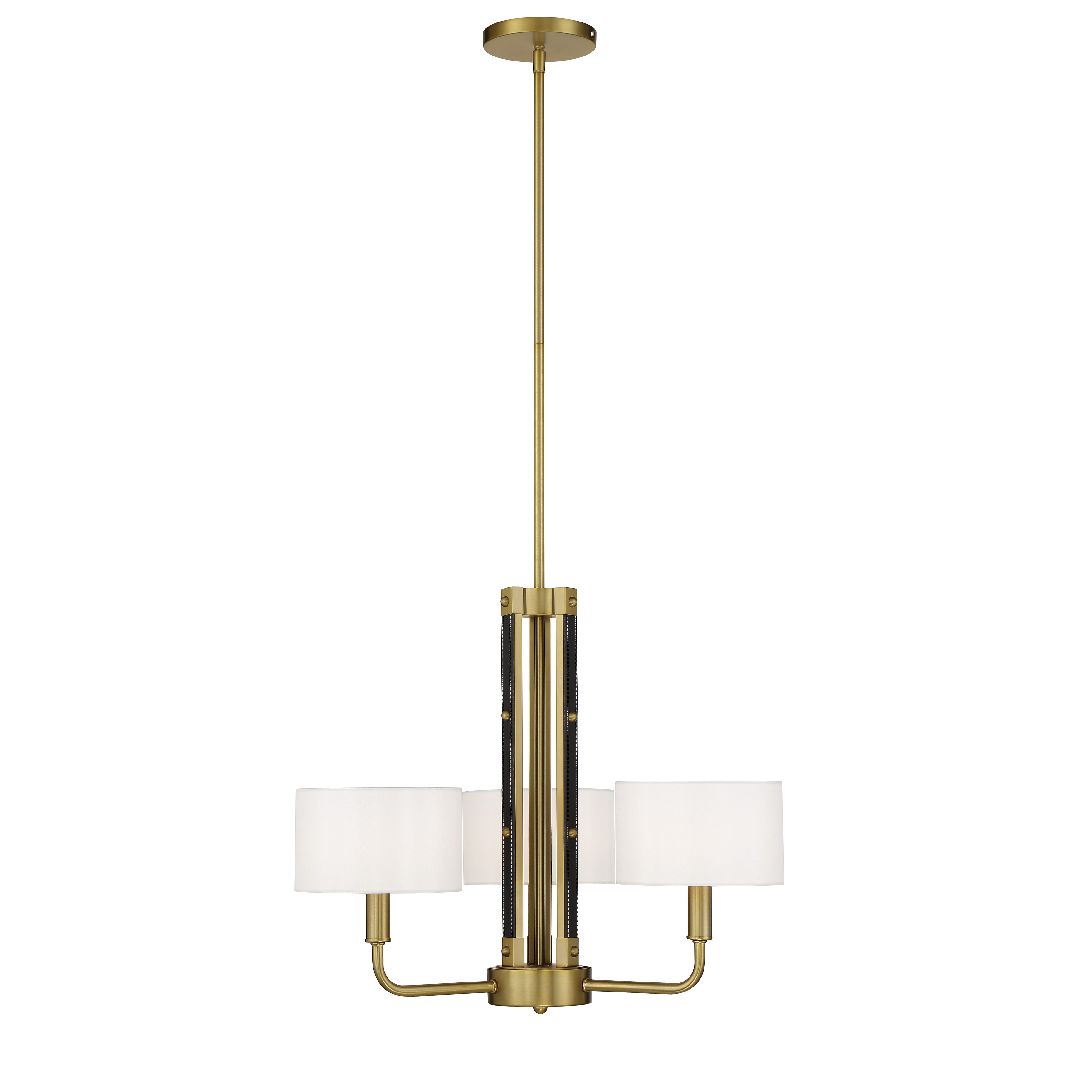 Robin Baron's Chelsea chandelier combines soft brass warmth with white silk shades and distinctive leather detailing. At 22 inches wide, it's perfectly scaled for intimate dining spaces, bedrooms, or boutique commercial settings. - alternate view
