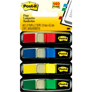 Flags, Assorted Primary Colors, .47 in. Wide, 35 Flags/Dispenser, 4 Dispensers/Pack