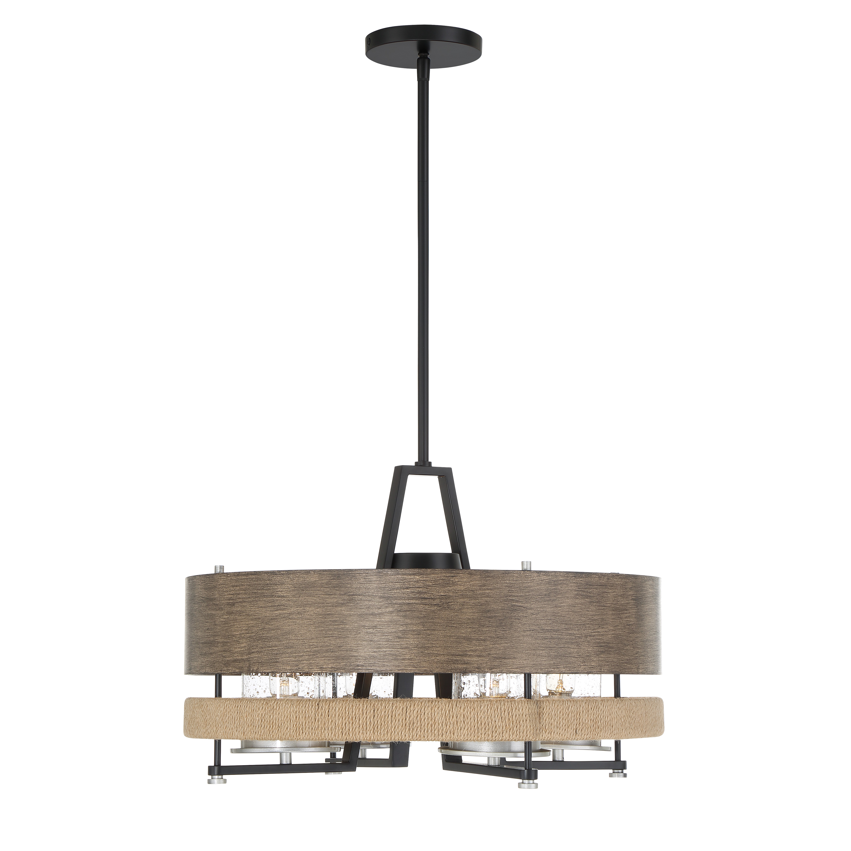 The Silver Creek pendant combines modern industrial design with coastal charm through rope accents and seedy glass. Its convertible mounting offers flexibility for various ceiling heights and outdoor spaces. - alternate view
