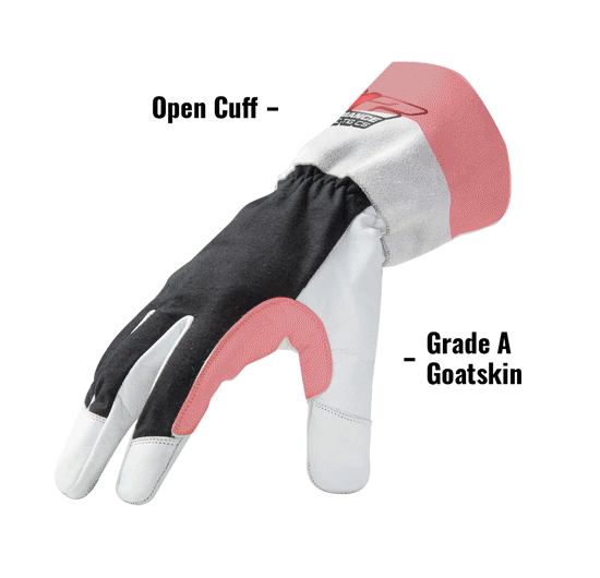 ARC Economy TIG Cut 5 Resistant Goatskin Welding Gloves in White and Black ARCTIGEC5-05 showing Open Cuff and Grade A Goatskin