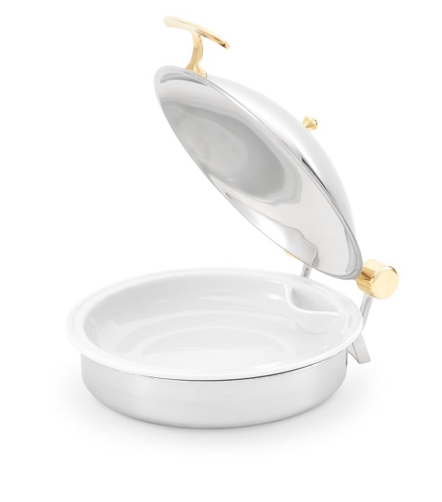 6-quart Intrigue® round stainless steel induction chafer with brass trim and porcelain food pan
