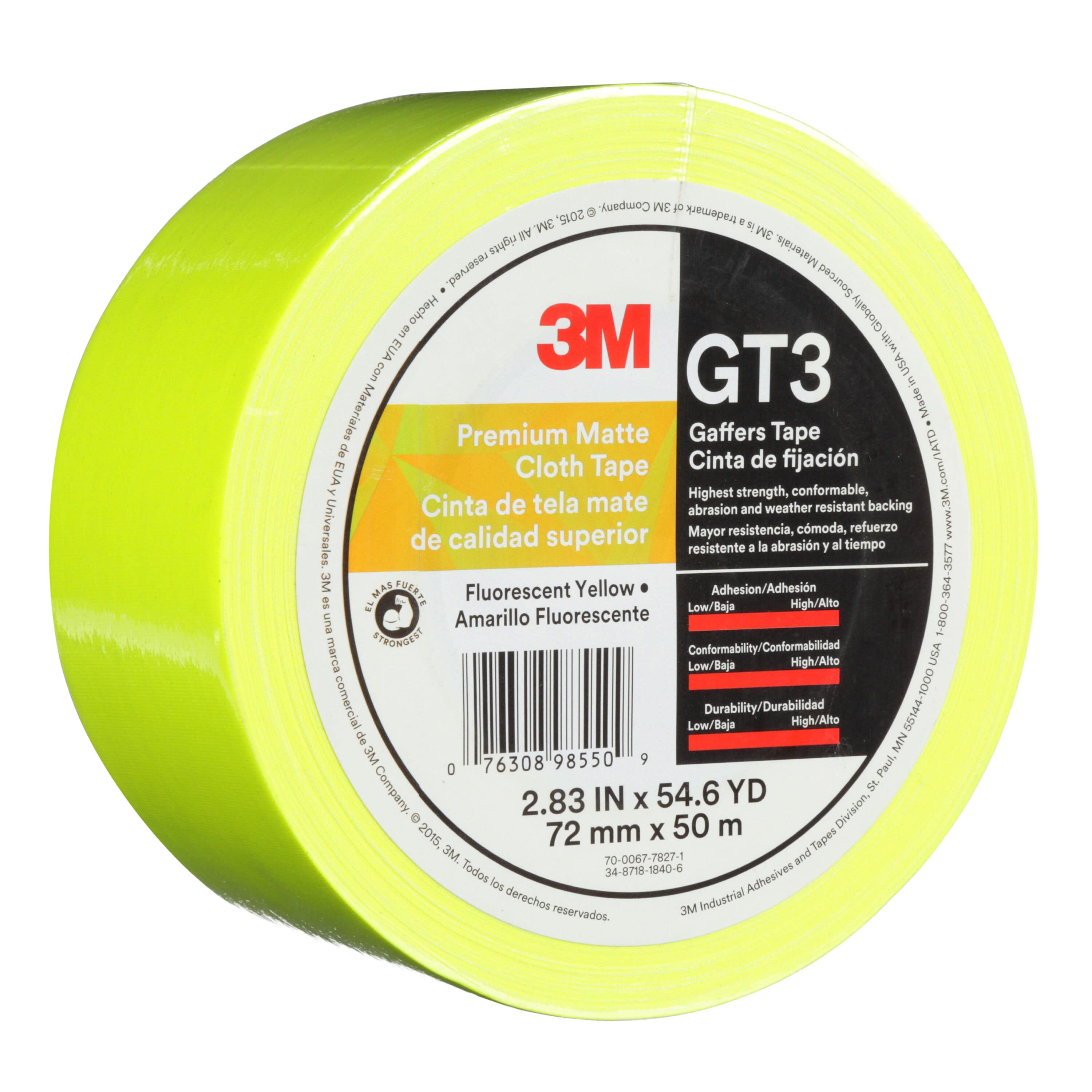 3M™ Premium Matte Cloth (Gaffers) Tape GT3, Fluorescent Yellow, 72 mm x
50 m, 11 mil, 16 per case