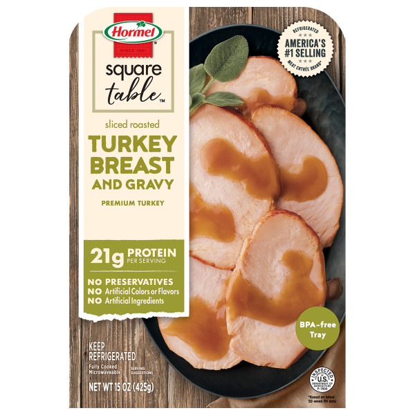 HORMEL(r) SQUARE TABLE(tm) Sliced Roasted Turkey Breast & Gravy Case 6/15oz . C1C1 - Front Center In Package (Hi Res)