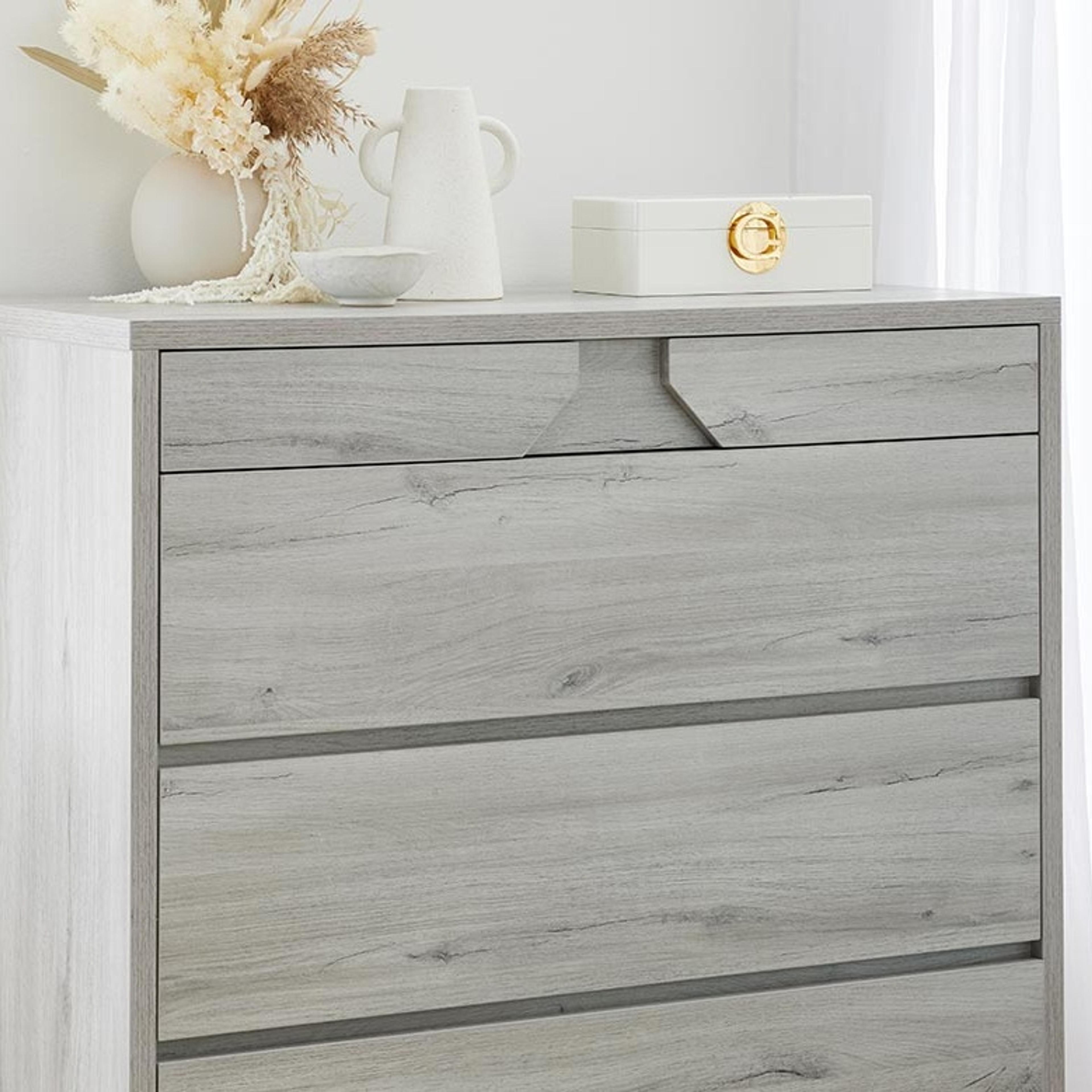 Lifestyle image of the Sovereign Tallboy (5 Drawer), Washed Grey from Forty Winks