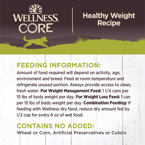 <p>Amount of food required will depend on activity, age, environment and breed. Feed at room temperature and refrigerate unused portion. Always provide access to clean, fresh water.</p>
<p>For Weight Management Feed: 1 1/4 cans per 15 lbs of body weight per day.<br />
For Weight Loss Feed:  1 can per 15 lbs of body weight per day.									</p>
<p>Combination Feeding: If feeding with Wellness dry food, reduce dry amount fed by 1/2 cup for every 6 oz of wet food.</p>
