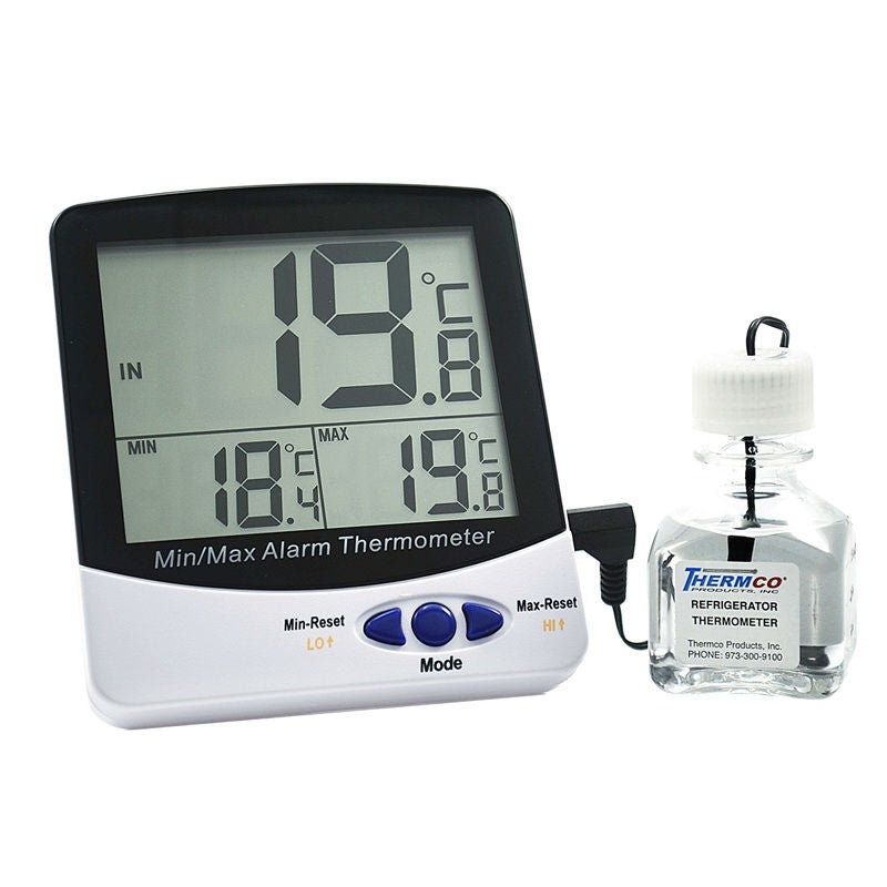 Digital Thermometer with Alarm Fahrenheit / Celsius -58° to +158°F (-50° to +70°C) Bottle Probe Flip-out Stand / Wall Mount Battery Operated