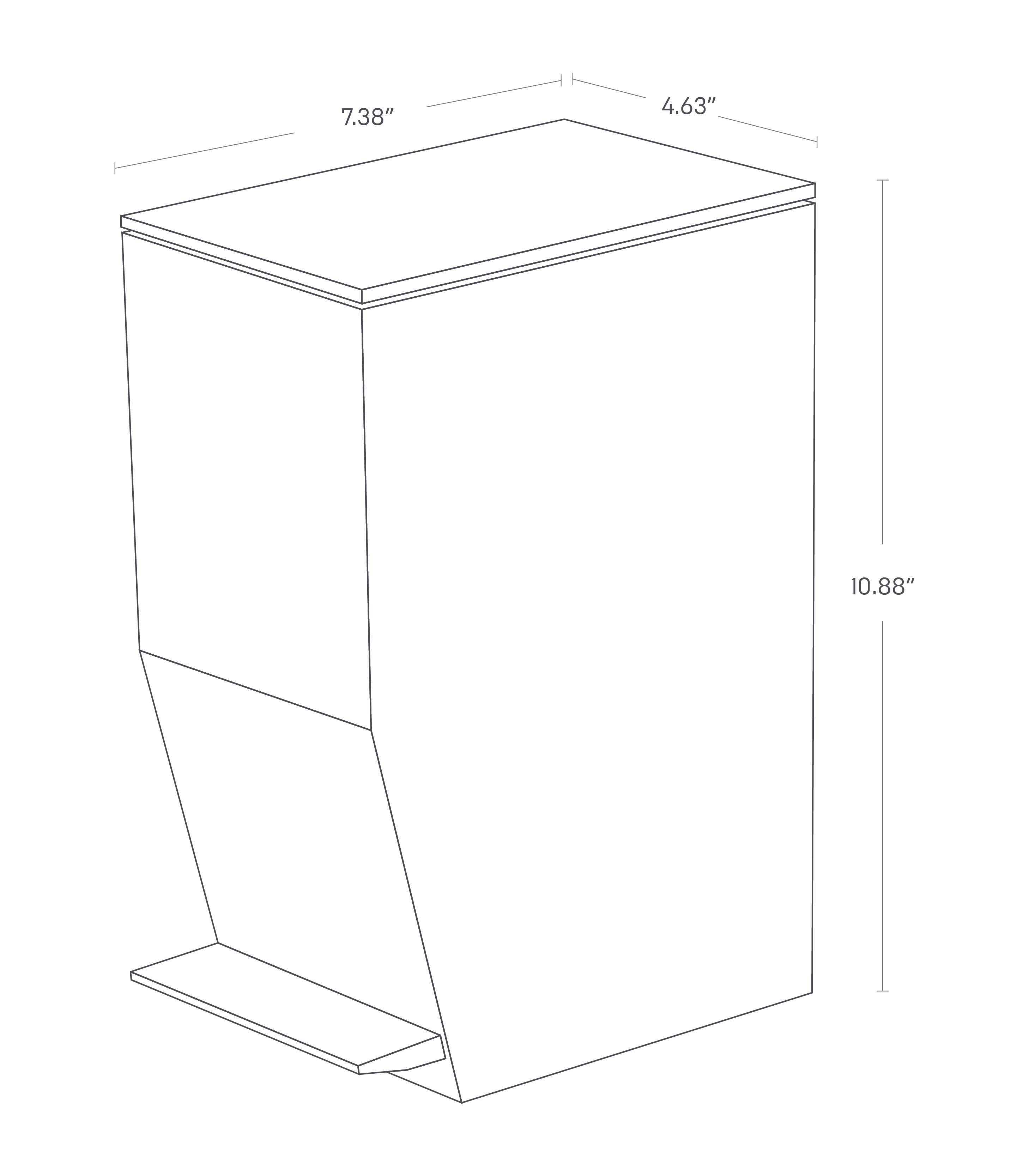 Image dimensionnelle pour Step Trash Canon sur fond blanc montrant une longueur de 7,38 ", une largeur de 4,63 ", une hauteur de 10,88 ".