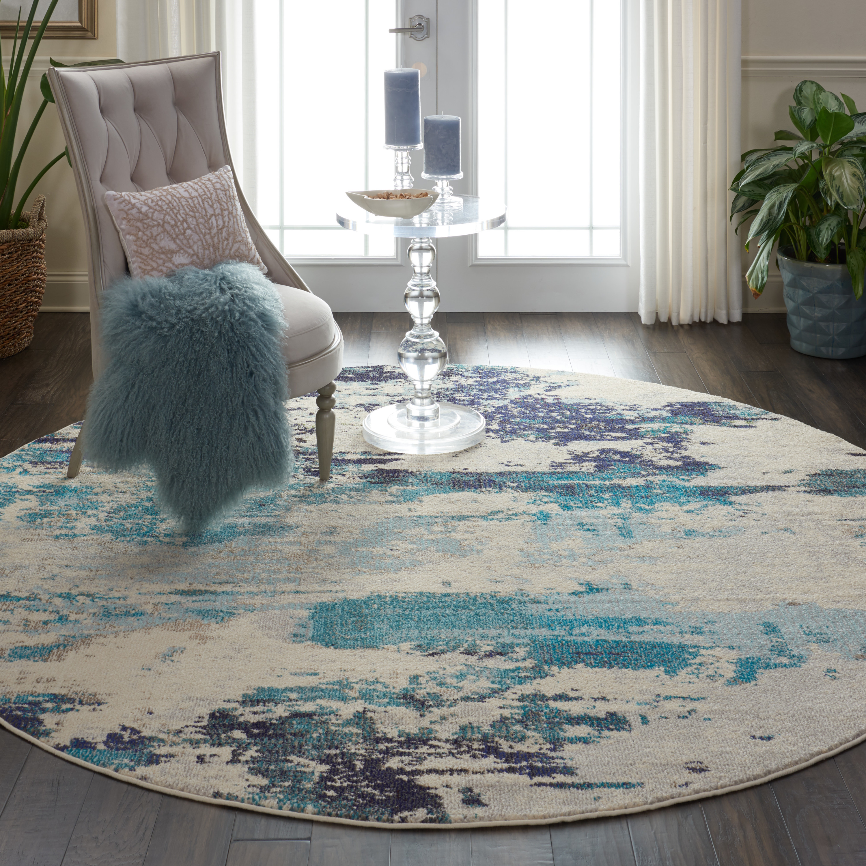 Nourison Celestial 7’10” x Round Ivory Teal Blue Modern Indoor Rug