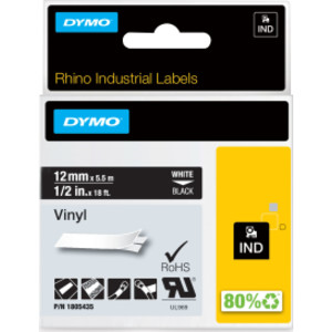 DYMO&reg; Rhino Industrial Vinyl Labels, 1/2", White Print on Black Tape