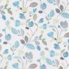 Floral-patterned wallpaper: repeating blue, teal, gray and pale-green blossoms and leaves printed on a white surface, decoratively covering a wall in bright, neutral light.