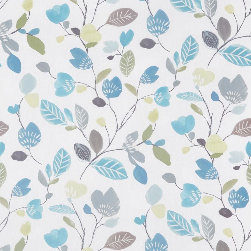 Floral-patterned wallpaper: repeating blue, teal, gray and pale-green blossoms and leaves printed on a white surface, decoratively covering a wall in bright, neutral light.