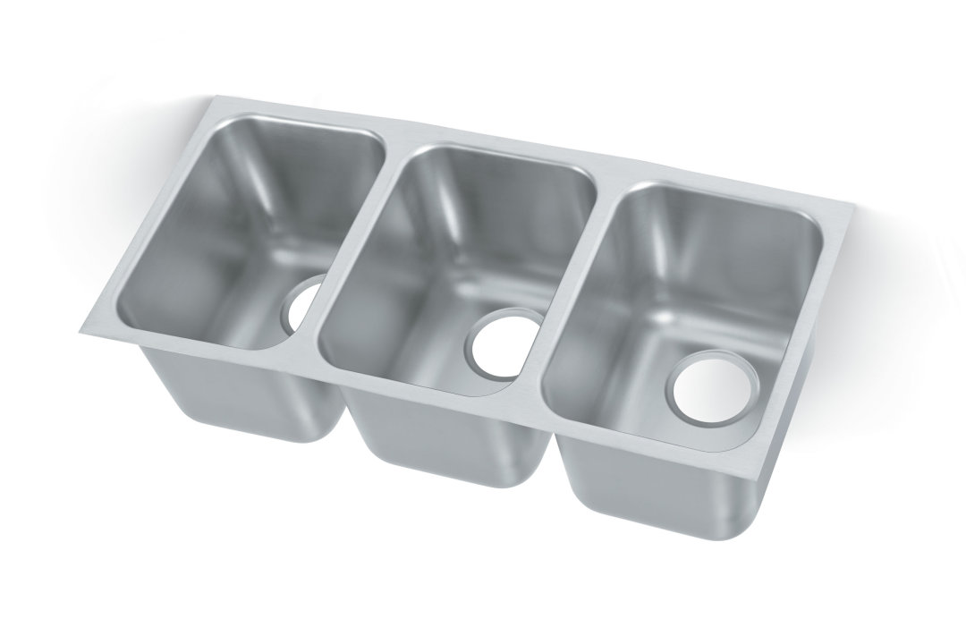 12-inch triple-bowl heavy-weight stainless steel undermount welded-in sink with 9 ¼-inch-deep bowls and 3 ½-inch drains